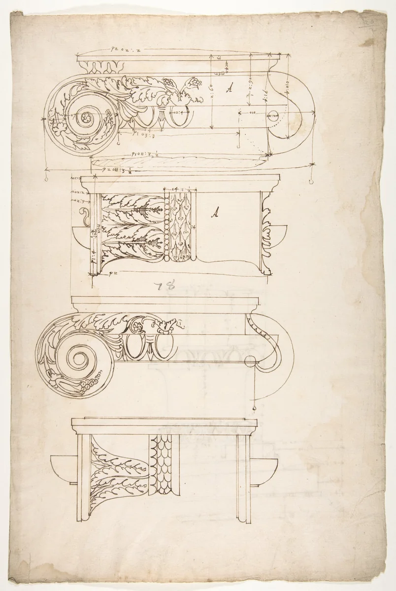 Unidentified, Ionic capitals, two front and side elevations (recto) Doric impost, elevation of entablature (verso) by anonymous, drawing, 1500-1560