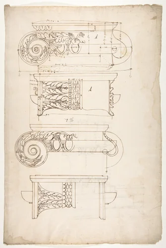 Unidentified, Ionic capitals, two front and side elevations (recto) Doric impost, elevation of entablature (verso) by anonymous, drawing, 1500-1560