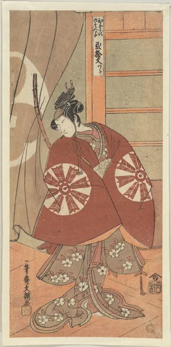 The Actor Nakamura Tomijuro as a Woman Wearing a Red Cape by Ippitsusai Bunchō (一筆齊文調), print, 1762-1782