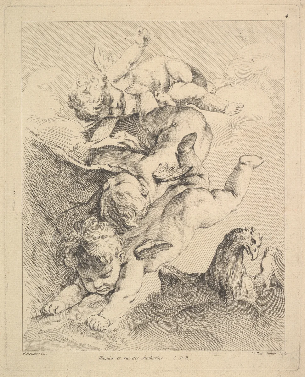 Three Cupids Turning a Somersault, an Eagle on the Right by Louis Félix de La Rue, print, 1731-1765