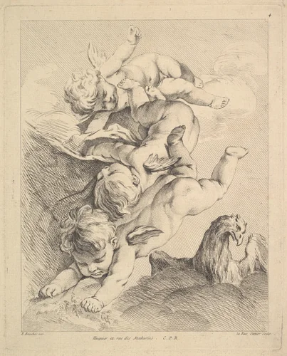 Three Cupids Turning a Somersault, an Eagle on the Right by Louis Félix de La Rue, print, 1731-1765