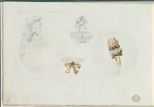 Four Costume Design Sketches of a Woman, a Basket, a Collar, and a Sleeve by anonymous, other, 1785-1790