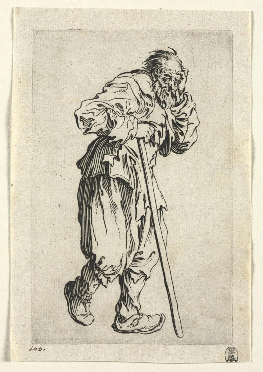 The Beggars: Beggar Leaning on a Stick by Jacques Callot, print, 1619-1627