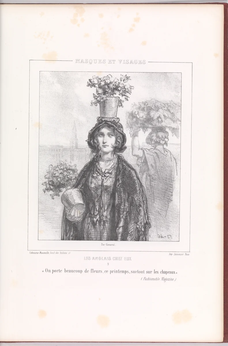 "On porte beaucoup de fleurs, ce printemps, surtout sur les chapeaux", from Les Anglais Chez Eux, Masques et Visages, plate 9, bound in Oeuvres Nouvelles, vol. III by Paul Gavarni, print, 1853