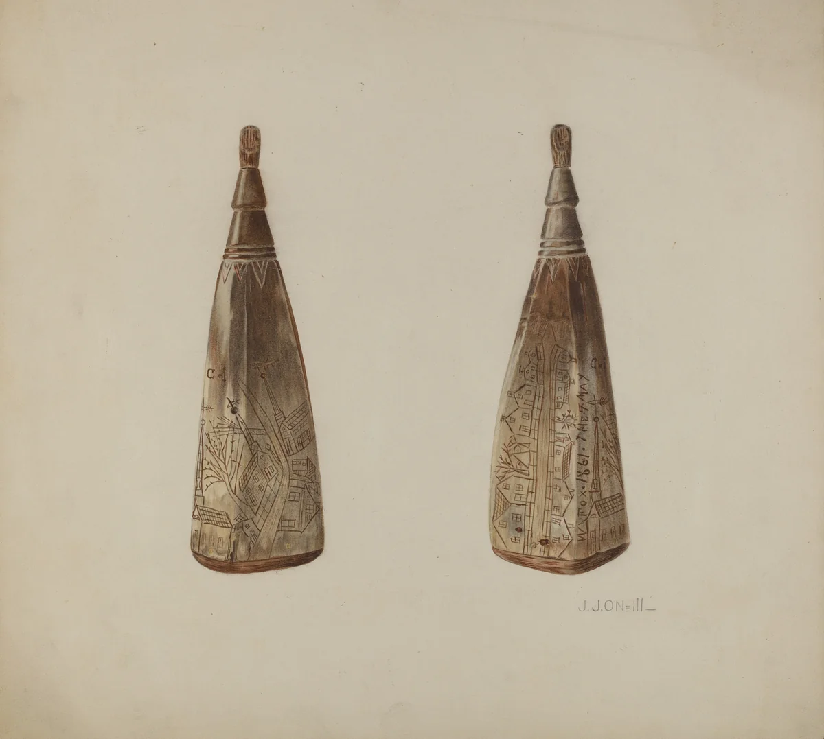 Powder Horn by J.J. O'Neill, index of american design, 1938