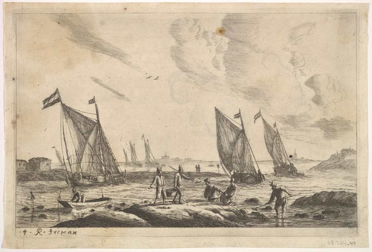 View of Inland Waterway with Fisherman by Reinier Nooms, print, 1635-1670