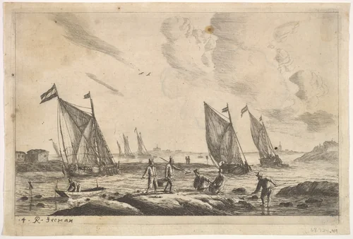 View of Inland Waterway with Fisherman by Reinier Nooms, print, 1635-1670