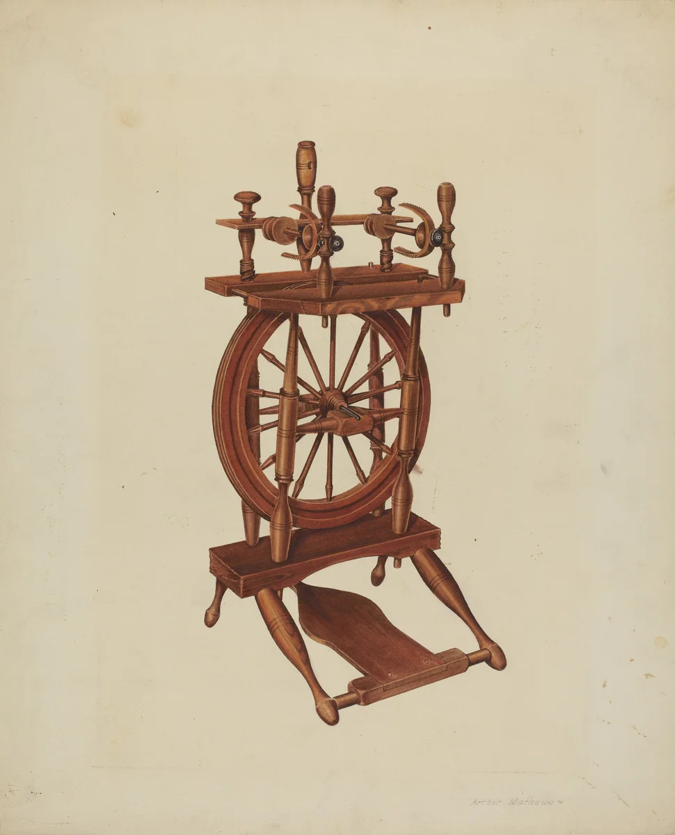 Wood Spinning Wheel by Arthur Mathews, index of american design, 1938