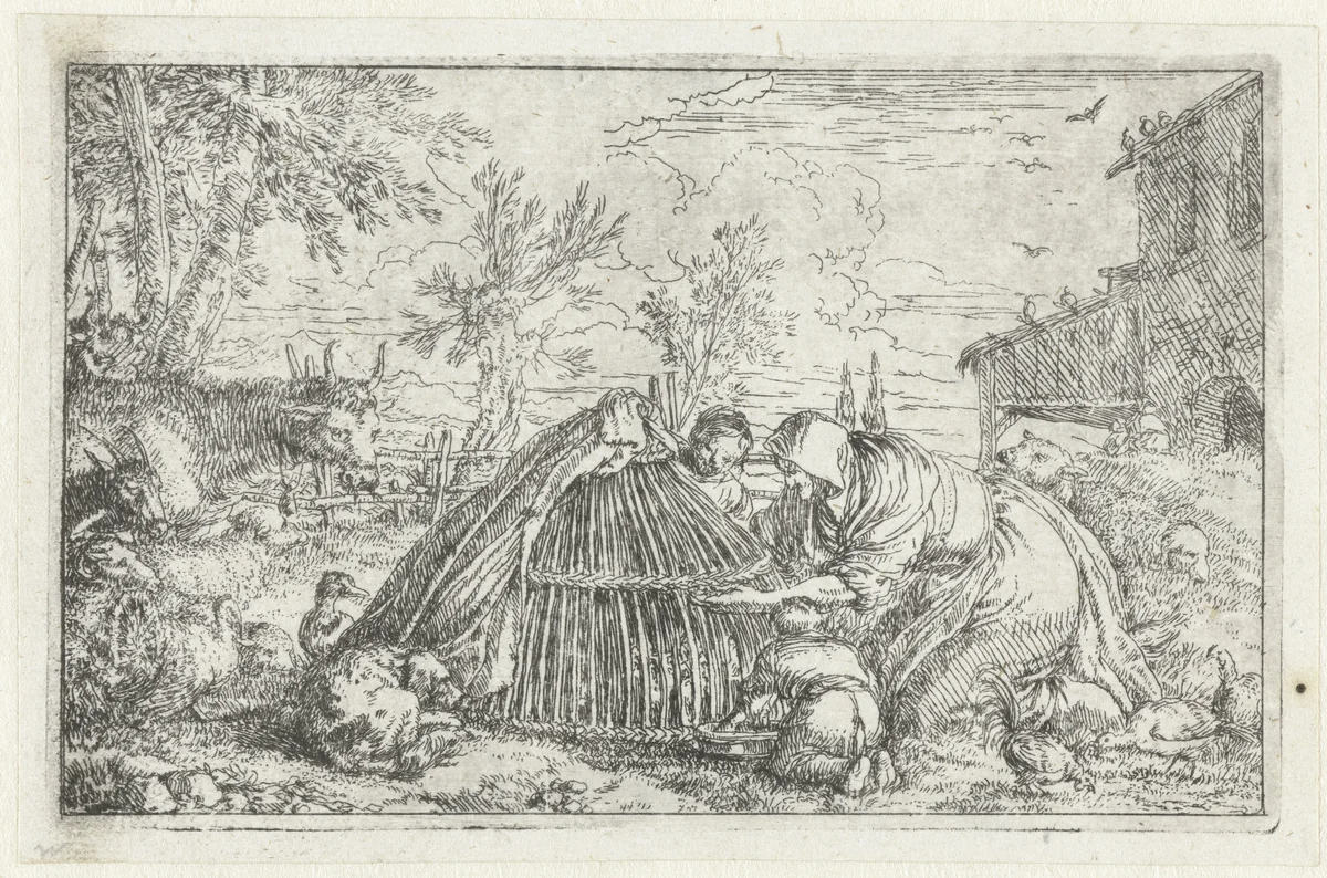Boerin en twee kinderen voeren de kippen by Jonas Umbach, print, 1634-1693