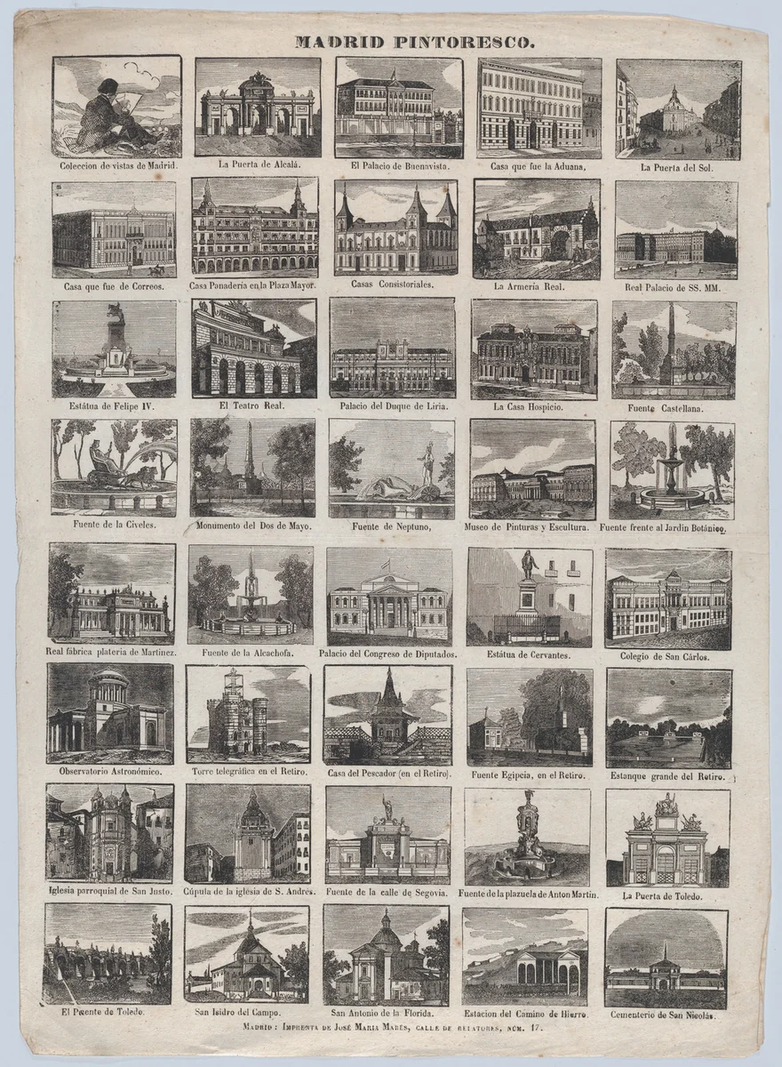 Broadside with 40 scenes of picturesque buildings and locations in Madrid by José María Marés, print, 1855-1875