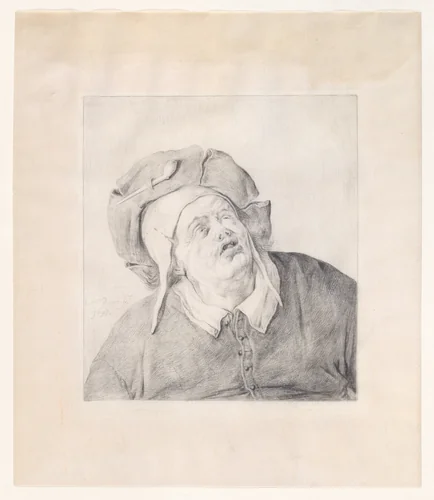 A man in a hat looking up by Cornelis Dusart, drawing, 1693