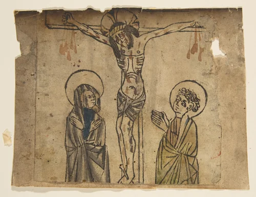 Christ on the Cross with the Virgin and St. John by anonymous, print, 1400-1499