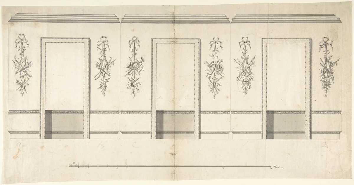 Wall Decorated with Musical and Military Trophies and Three Windows by anonymous, drawing, 1700-1800