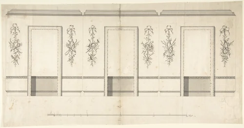 Wall Decorated with Musical and Military Trophies and Three Windows by anonymous, drawing, 1700-1800