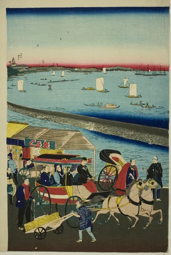 Picture of the Steam Engine Railway in Yatsuyama, Tokyo (Tokyo Yatsuyama shita kaigan jokisha tetsudo no zu) by Utagawa Hiroshige III, print, 1866-1876