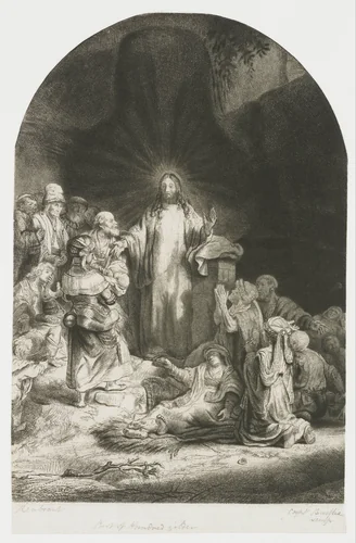 The Hundred Guilder Print: the central piece with Christ preaching, the plate arched by Rembrandt van Rijn, print, 1775-1800