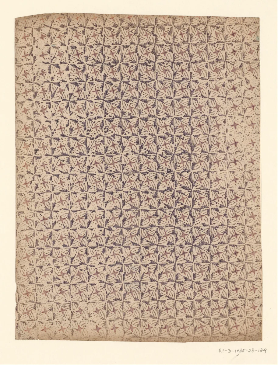 Blad met blokkenpatroon van vierkant gevuld met streepjes en sterretje by anonymous, other, 1750-1900