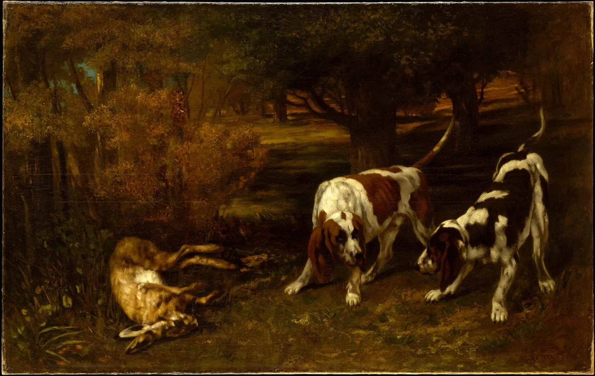 Hunting Dogs with Dead Hare by Gustave Courbet, painting, 1857