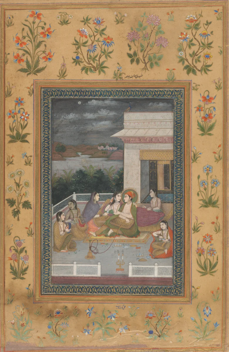 A Couple on a Terrace Surrounded by Attendants and Musicians by Indian 18th Century, drawing, 1700-1800