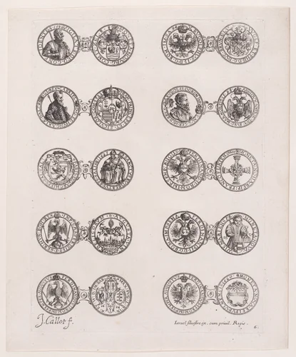 Plate 6, Featuring 10 Coins Issued by European Princes in the 16th and 17th centuries, from "Les Monnaies" (The Currencies) by Jacques Callot, print, 1625-1635