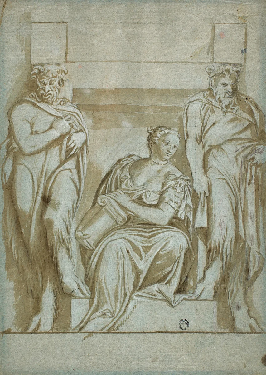 Fortitude (or Strength) Flanked by Two Satyrs by Paolo Caliari, drawing, 1600-1699