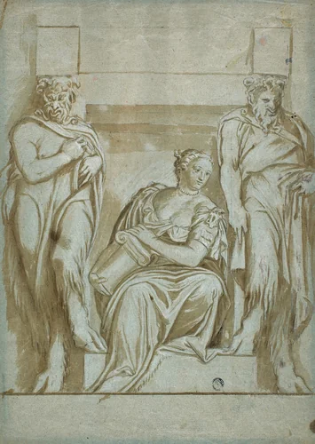 Fortitude (or Strength) Flanked by Two Satyrs by Paolo Caliari, drawing, 1600-1699