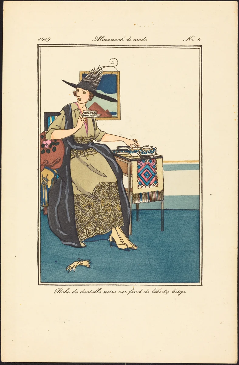 Robe de dentelle noire sur fond de liberty beige. by French 20th Century, print, 1919