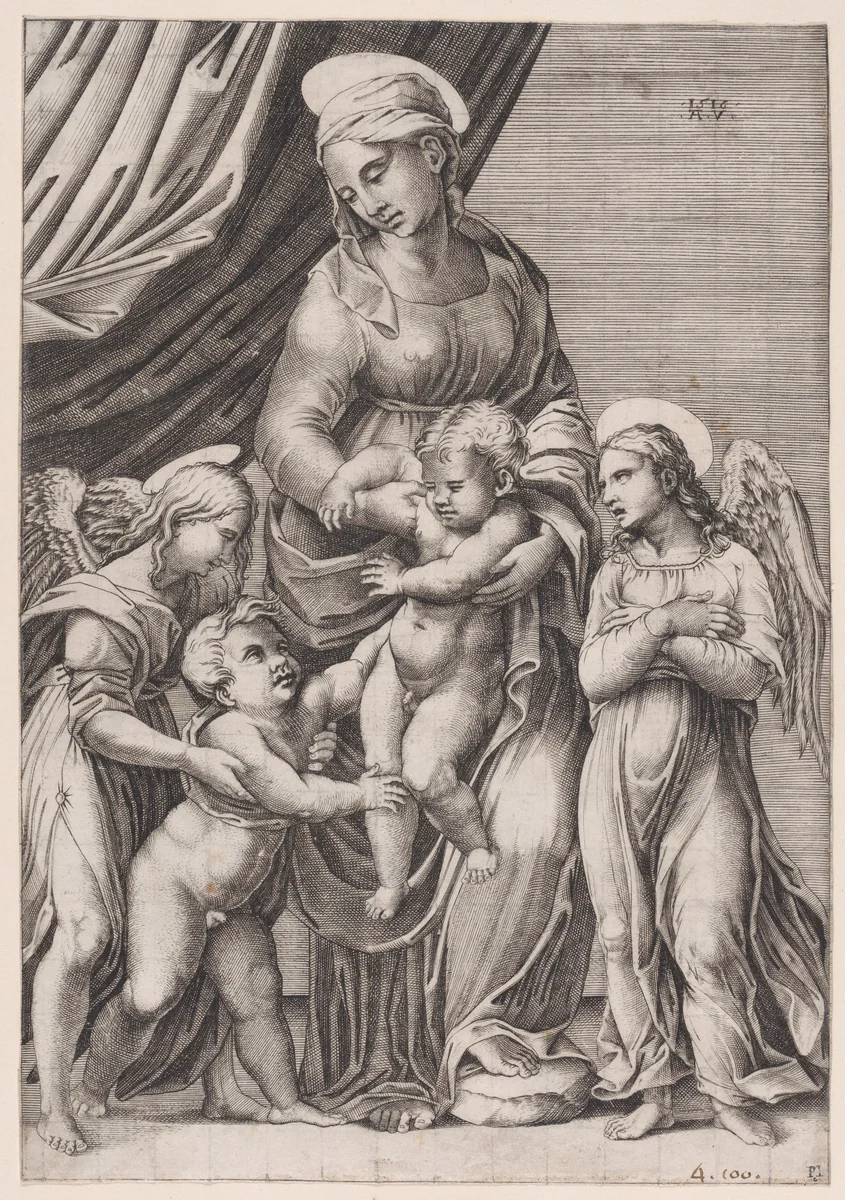 The Virgin, the Infant Christ, Infant Saint John, and Two Angels by Agostino Veneziano, print, 1516