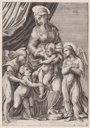 The Virgin, the Infant Christ, Infant Saint John, and Two Angels by Agostino Veneziano, print, 1516