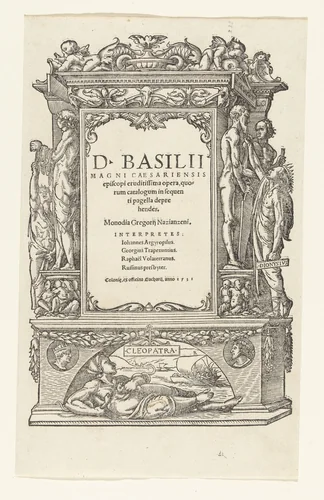 Titelprent met Cleopatra en Dionysius I die van de godenbeelden rooft by Hans Holbein, print, 1523