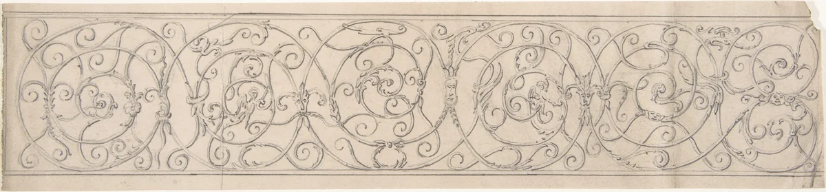 Panel of Curvilinear Metal Ornament Adorned with Masks and Winged Figures by anonymous, drawing, 1850-1900