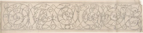 Panel of Curvilinear Metal Ornament Adorned with Masks and Winged Figures by anonymous, drawing, 1850-1900