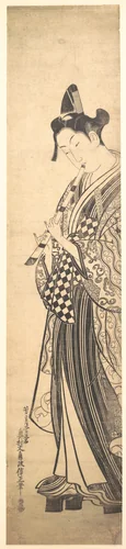 Young Man Walking Toward the Left on High Geta and Playing the Flute as He Walks by Okumura Masanobu (奥村政信), print, 1735-1755