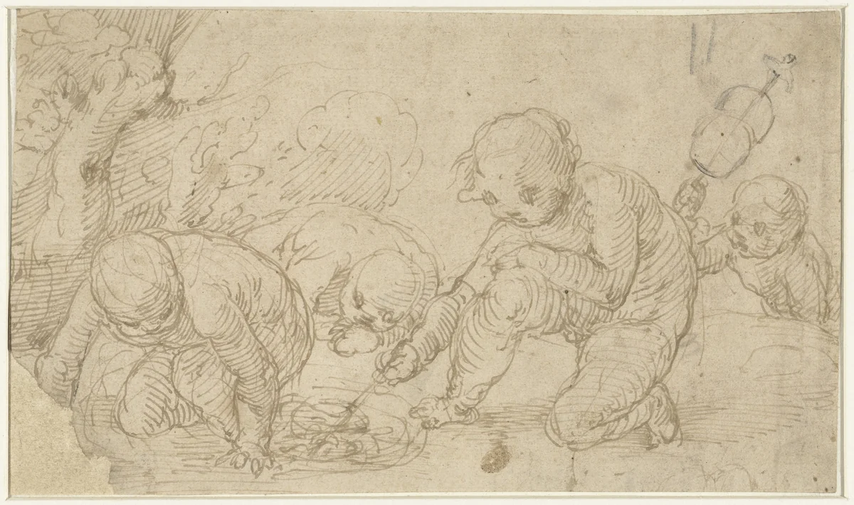 Putti, bezig een vuurtje te maken by anonymous, drawing, 1500-1640
