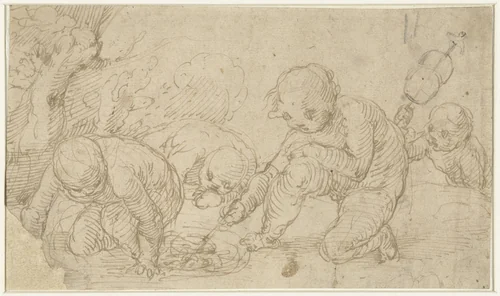 Putti, bezig een vuurtje te maken by anonymous, drawing, 1500-1640