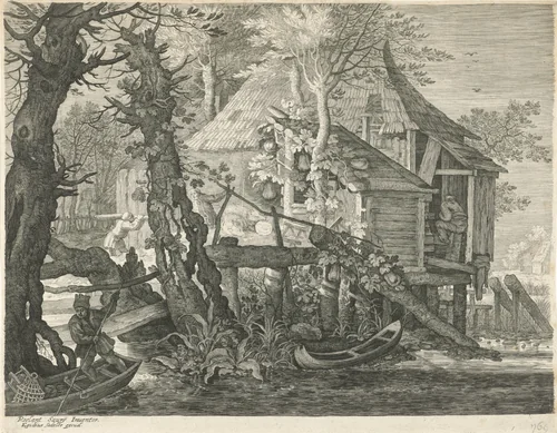 Boshut op palen bij een rivier by Aegidius Sadeler, print, 1597-1629