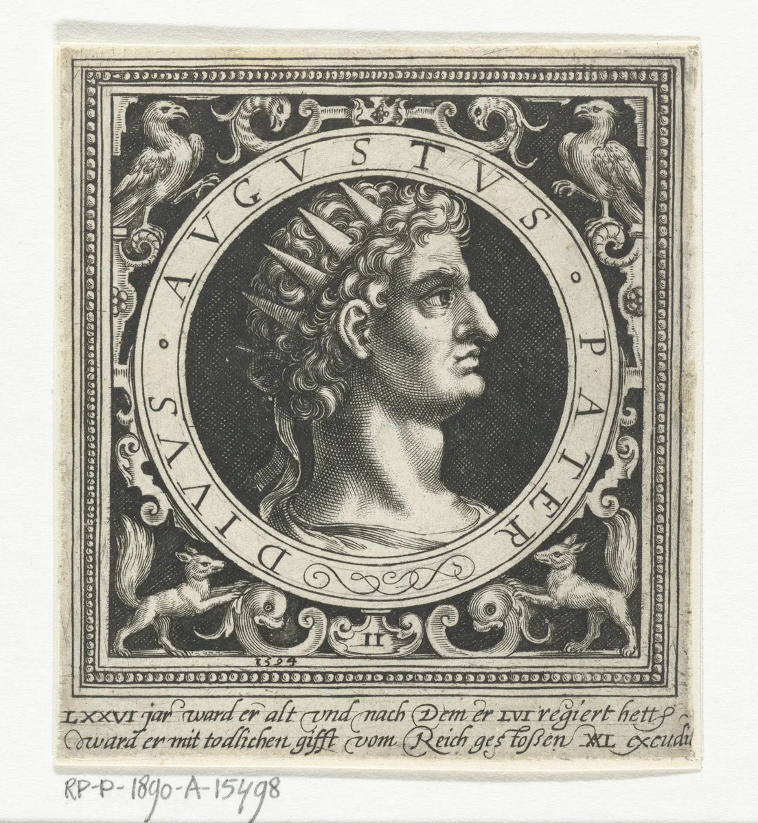 Portret van keizer Augustus op medaillon by Nicolaes de Bruyn, print, 1594