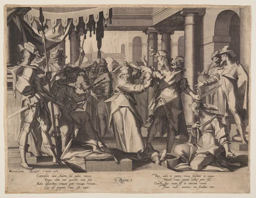 Judgment of Solomon, plate 2 from Thrones of Justice (Thronus Iustitiae) by Willem van Swanenburgh, print, 1606