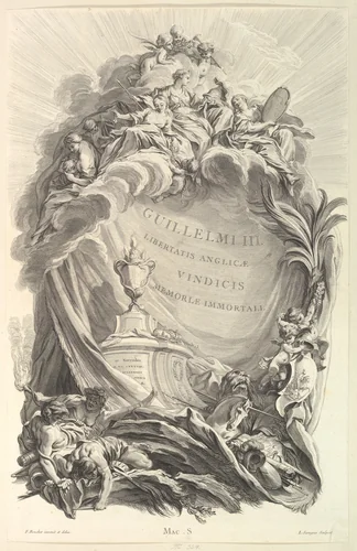 Frontispice pour le "Tombeau de Guillaume III" (Frontispiece for the Tomb of William III), from Tombeaux des Princes, des Grands Capitaines et autres Hommes illustres (Tombs of Princes, Great Captains, and other Illustrious Men) by Pierre Louis Surugue, print, 1731-1741