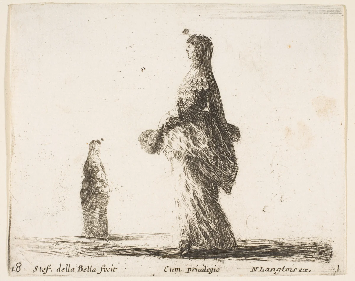A noblewoman walking towards the left with a feathered fan, another woman in background to left, plate 18 from "Diversi capricci" by Stefano della Bella, print, 1639-1649