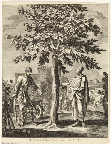 Gelijkenis van de onvruchtbare vijgenboom by Jan Luyken, print, 1708