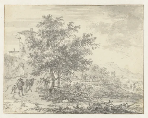 Italianate Landscape with a Round Tower on a City Wall by Adriaen van der Kabel, drawing, 1656