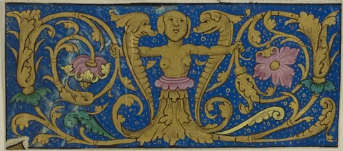 Illuminated Border with Grotesques and Flora from a Manuscript by French, painting, 1401-1530
