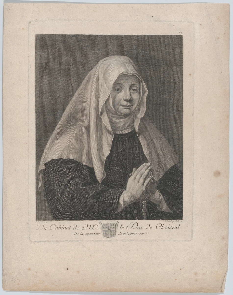 Portrait of a praying nun by Carl Guttenberg, print, 1766-1776