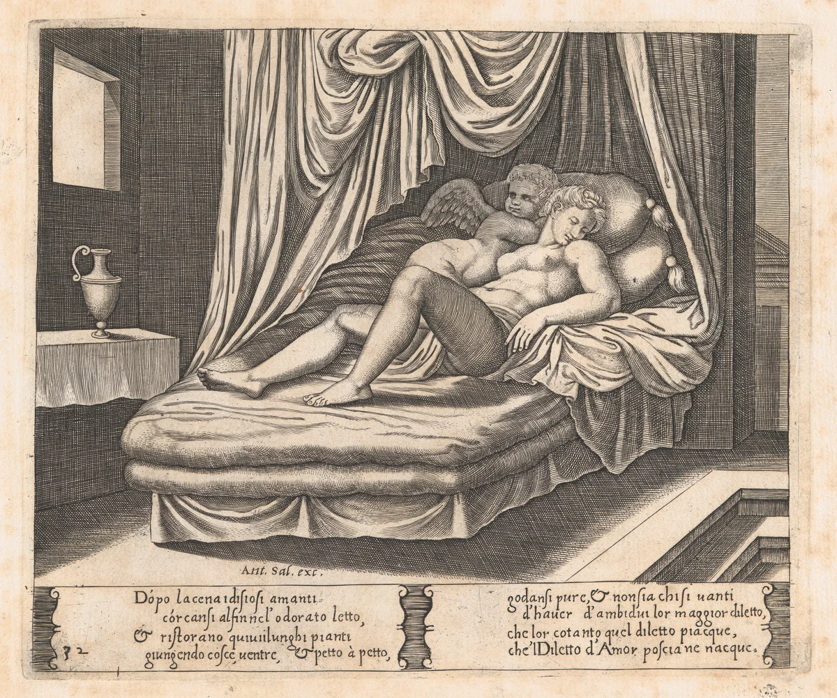 Plate 32: Cupid and Psyche in the nuptial bed, from "The Story of Cupid and Psyche as told by Apuleius" by Master of the Die, print, 1530-1560