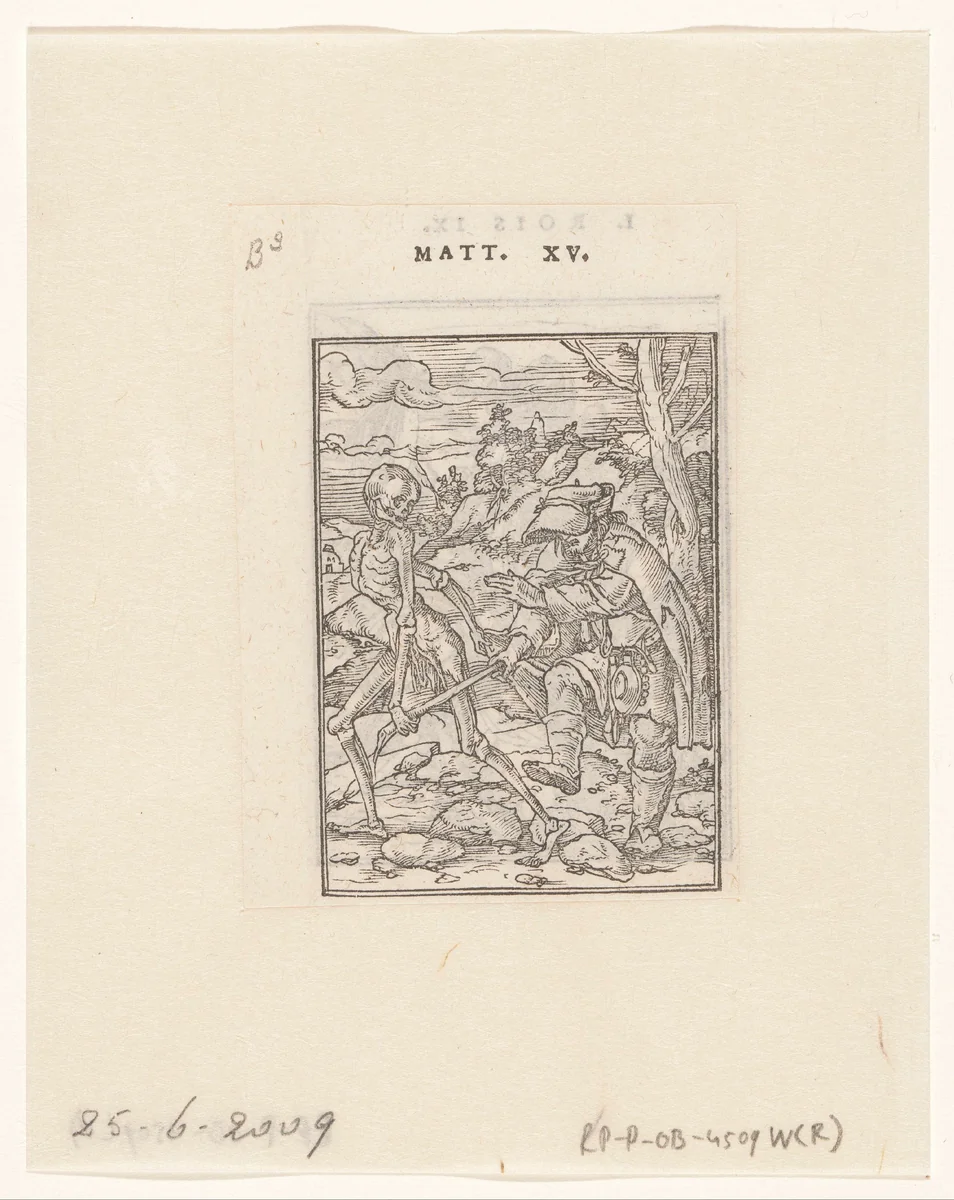 Blinde man en de Dood by Hans Holbein, print, 1547