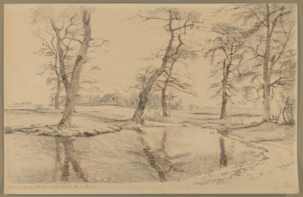 A Brook near a Farm in Usserød with Cows and Two Figures by Johan Thomas Lundbye, drawing, 1847