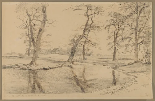 A Brook near a Farm in Usserød with Cows and Two Figures by Johan Thomas Lundbye, drawing, 1847