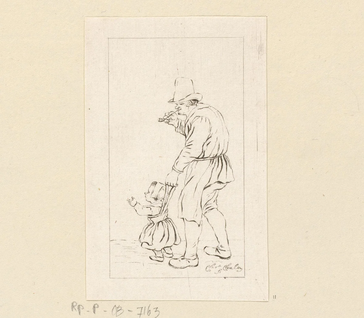 Staande man met kind aan een leiband by Pieter de Mare, print, 1779