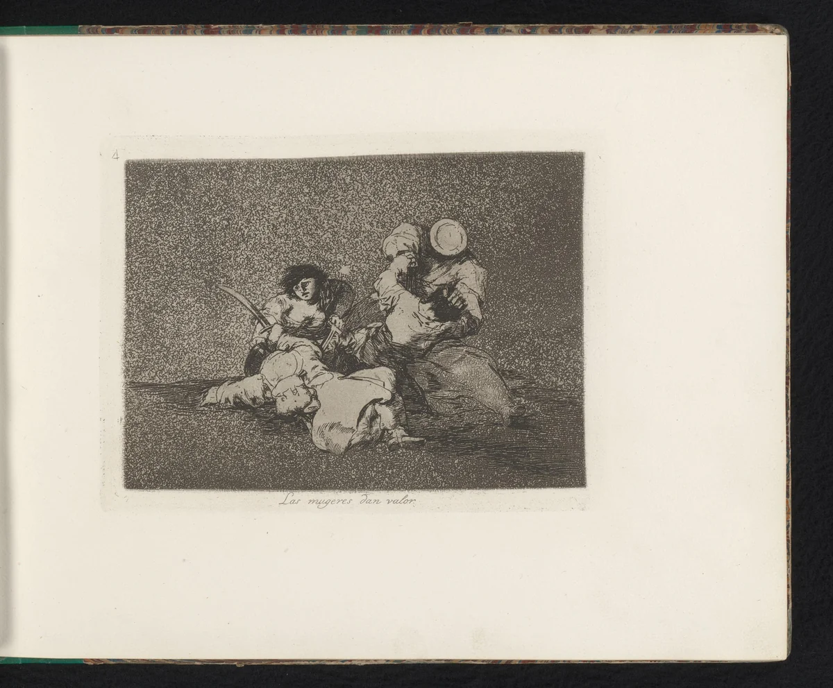 Worsteling en vrouw die een soldaat doodsteekt by Francisco de Goya, book, 1810-1820